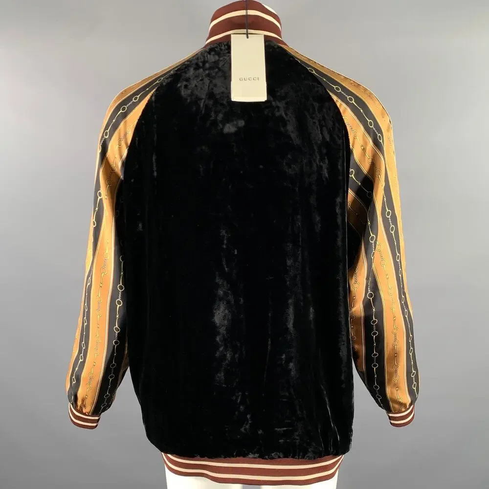 GUCCI Size XL Black Gold Burgundy Chain Print Viscose Silk Track Jacket